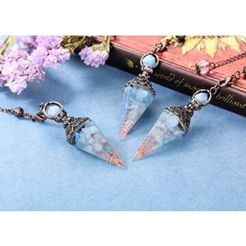 Jovivi Natural Aquamarine Healing Crystal Pendulums for Dowsing Divination 6 Facted Hexagonal Pointed Cone Resin Chip Stones Reiki Wicca Spritual Gemstone Chakra Energy Pendant with Chain