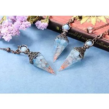 Jovivi Natural Aquamarine Healing Crystal Pendulums for Dowsing Divination 6 Facted Hexagonal Pointed Cone Resin Chip Stones Reiki Wicca Spritual Gemstone Chakra Energy Pendant with Chain