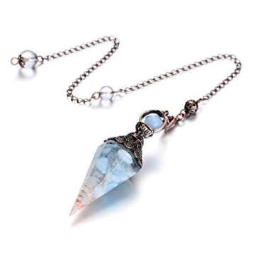 Jovivi Natural Aquamarine Healing Crystal Pendulums for Dowsing Divination 6 Facted Hexagonal Pointed Cone Resin Chip Stones Reiki Wicca Spritual Gemstone Chakra Energy Pendant with Chain