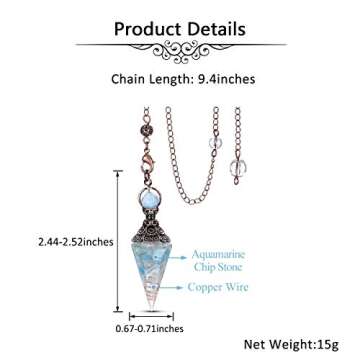 Jovivi Natural Aquamarine Healing Crystal Pendulums for Dowsing Divination 6 Facted Hexagonal Pointed Cone Resin Chip Stones Reiki Wicca Spritual Gemstone Chakra Energy Pendant with Chain
