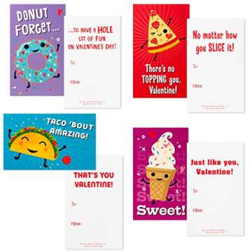 Hallmark Valentines Day Cards and Mailbox for Kids School Classroom Exchange, Punny Foods (1 Box, 32 Valentine Cards, 35 Stickers, 1 Teacher Card)