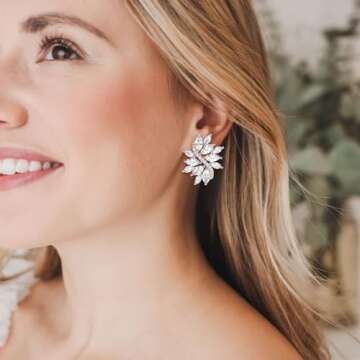 Elegant Floral Leaf Cubic Zirconia Stud Earrings