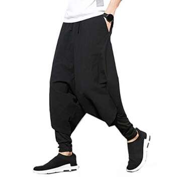 PRIJOUHE Men's Harem Pants, Baggy Wide Leg Hip Hop Pants, Cotton A-Black