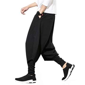 PRIJOUHE Men's Harem Pants, Baggy Wide Leg Hip Hop Pants, Cotton A-Black