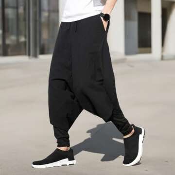 PRIJOUHE Men's Harem Pants, Baggy Wide Leg Hip Hop Pants, Cotton A-Black