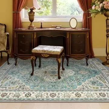 Lahome Floral Medallion Area Rug - 5x7 Large Distressed Living Room Rug, Soft Non-Slip Washable Low-Pile Bedroom Mat Floor Accent Carpet for Entryway Dining Room Office, Sky/Baby Blue