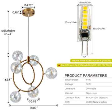 Modern Glass Sputnik Chandelier - Dimmable Brass Fixture