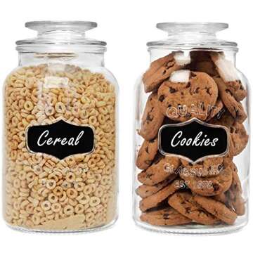 Estilo Round Glass Canister Jars with Airtight Lids Ideal for Cookies, Candies, Cereal - Cookie Jar - Includes Chalkboard Labels and Chalk - 1/2 Gallon (Set of 2), Clear