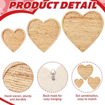 Wesiti 3 Pcs Valentine's Day Wall Basket Decor Boho Heart Shape Rattan Hanging Woven Wall Basket Imitation Farmhouse Decorative Handmade Wall Art for Rustic Kitchen Table Home Room Party Decoration