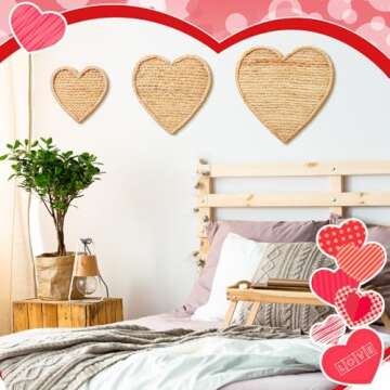 Wesiti 3 Pcs Valentine's Day Wall Basket Decor Boho Heart Shape Rattan Hanging Woven Wall Basket Imitation Farmhouse Decorative Handmade Wall Art for Rustic Kitchen Table Home Room Party Decoration