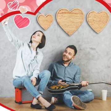 Wesiti 3 Pcs Valentine's Day Wall Basket Decor Boho Heart Shape Rattan Hanging Woven Wall Basket Imitation Farmhouse Decorative Handmade Wall Art for Rustic Kitchen Table Home Room Party Decoration