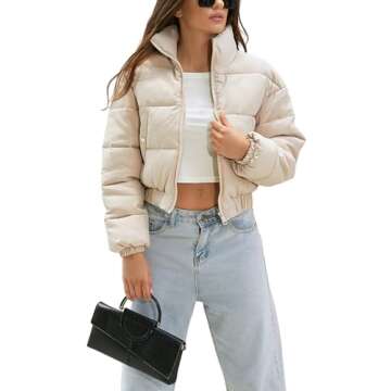 Yeokou Women's Cropped Puffer Jacket Black Stand Collar Zip Up Short Bubble Coat with Pockets(LightKhaki-L)