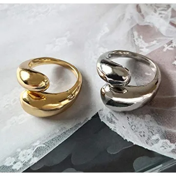 KURTCB Chunky Open Ring 14k Gold Plated Minimalist Adjustable Dome Teardrop Wide Bold Statement Ring for Women (Gold)