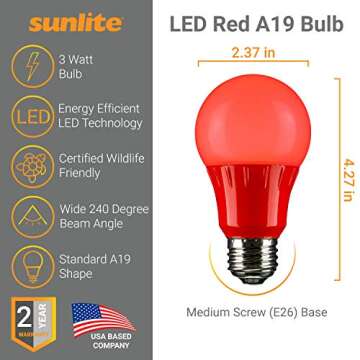 Sunlite LED A19 Colored Light Bulb - Energy Efficient Red