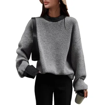 ANRABESS Women's 2024 Fall Crewneck Long Sleeve Waffle Knit Casual Trends Pullover Sweaters Grey X-L...