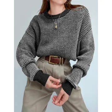 ANRABESS Women's 2024 Fall Crewneck Long Sleeve Waffle Knit Casual Trends Pullover Sweaters Grey X-Large