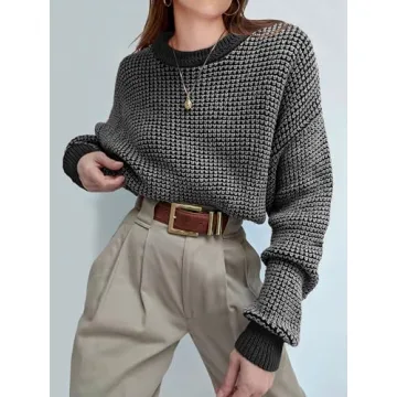 ANRABESS Women's 2024 Fall Crewneck Long Sleeve Waffle Knit Casual Trends Pullover Sweaters Grey X-Large
