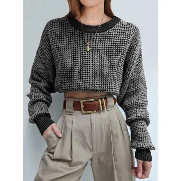 ANRABESS Women's 2024 Fall Crewneck Long Sleeve Waffle Knit Casual Trends Pullover Sweaters Grey X-Large