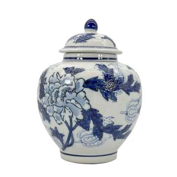 Galt International White and Blue Floral Chinoiserie Jar 10" w/Lid - Ginger Jar, Tea Storage, Decora...
