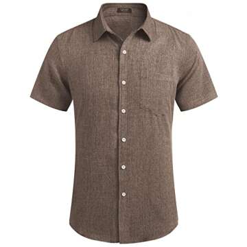 COOFANDY Men's Casual Linen Button Down Shirt Short Sleeve Beach Shirt Brown