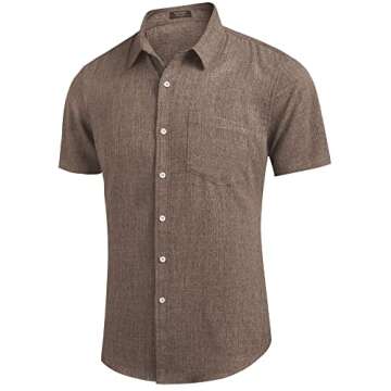 COOFANDY Men's Casual Linen Button Down Shirt Short Sleeve Beach Shirt Brown