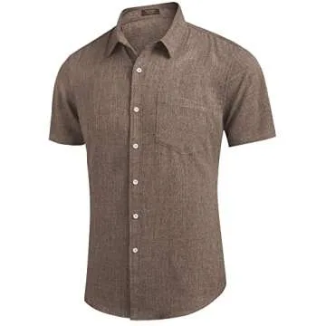 COOFANDY Men's Casual Linen Button Down Shirt Short Sleeve Beach Shirt Brown