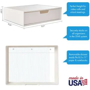 STORi STAX Plastic Stackable Organizer Drawer in Solid Cloud White | 12.5-inches Wide | Organize Office Desk Accessories and Sort Letter-Size Paper | Made in USA