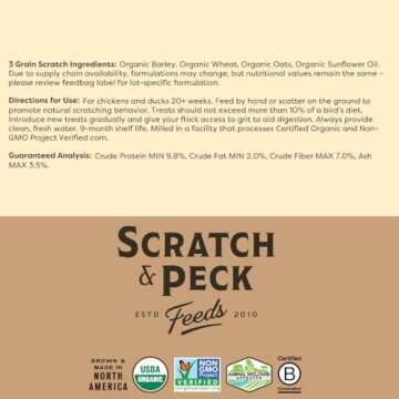 Scratch and Peck 3 Grain Scratch Chicken and Duck Supplemental Grain - 40 lbs Bag - Corn-Free and Soy-Free - 9.8% Protein, Certified Organic and Non-GMO Project Verified Chicken Food