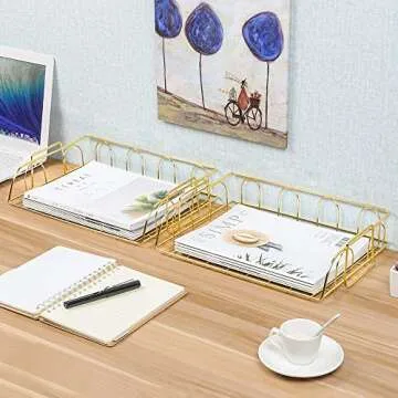 Superbpag Set of 2 Office Supplies Metal Stackable Document Organizer Office Desktop File Paper Holder Book Storage Rack, Gold