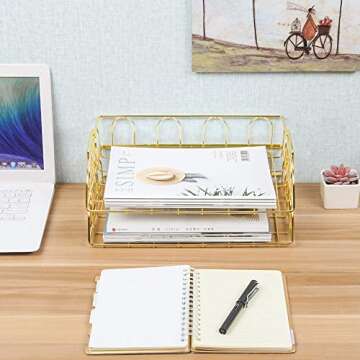 Superbpag Set of 2 Office Supplies Metal Stackable Document Organizer Office Desktop File Paper Holder Book Storage Rack, Gold