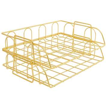 Superbpag Set of 2 Office Supplies Metal Stackable Document Organizer Office Desktop File Paper Holder Book Storage Rack, Gold