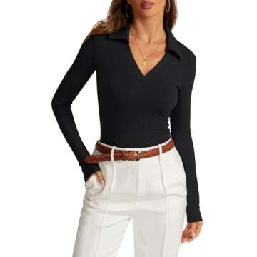 Meetrendi Women’s Long Sleeve V Neck Polo Shirts – Business Casual Slim Fit Top