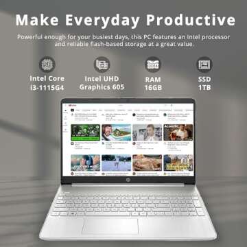 HP 15.6" HD Student Laptop, Intel i3-1115G4, 16GB RAM, 1TB PCIe SSD, Intel UHD Graphics, HD Webcam, ...