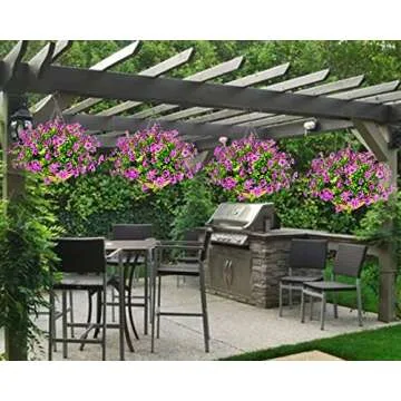Lesrant Artificial Flowers in Basket,Artificial Hanging Baskets with Flowers for Outdoors Indoors Courtyard Decor,12 inch Coconut Lining Basket for Patio Garden Porch Deck Decoration (3-Purple)