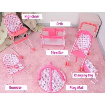 KOOKAMUNGA Kids 6 Pc Baby Doll Stroller Set - Baby Doll Accessories Playset w/Doll Crib Stroller Hig...