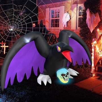 BLOWOUT FUN Halloween Decorations 6 Ft Length Halloween Inflatable Crow with RGB Lighted Skeleton, LED Blow Up Lighted Clearance Decorations Indoor Outdoor Holiday Art Decor Halloween Inflatables