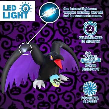 BLOWOUT FUN Halloween Decorations 6 Ft Length Halloween Inflatable Crow with RGB Lighted Skeleton, LED Blow Up Lighted Clearance Decorations Indoor Outdoor Holiday Art Decor Halloween Inflatables