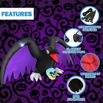 BLOWOUT FUN Halloween Decorations 6 Ft Length Halloween Inflatable Crow with RGB Lighted Skeleton, LED Blow Up Lighted Clearance Decorations Indoor Outdoor Holiday Art Decor Halloween Inflatables