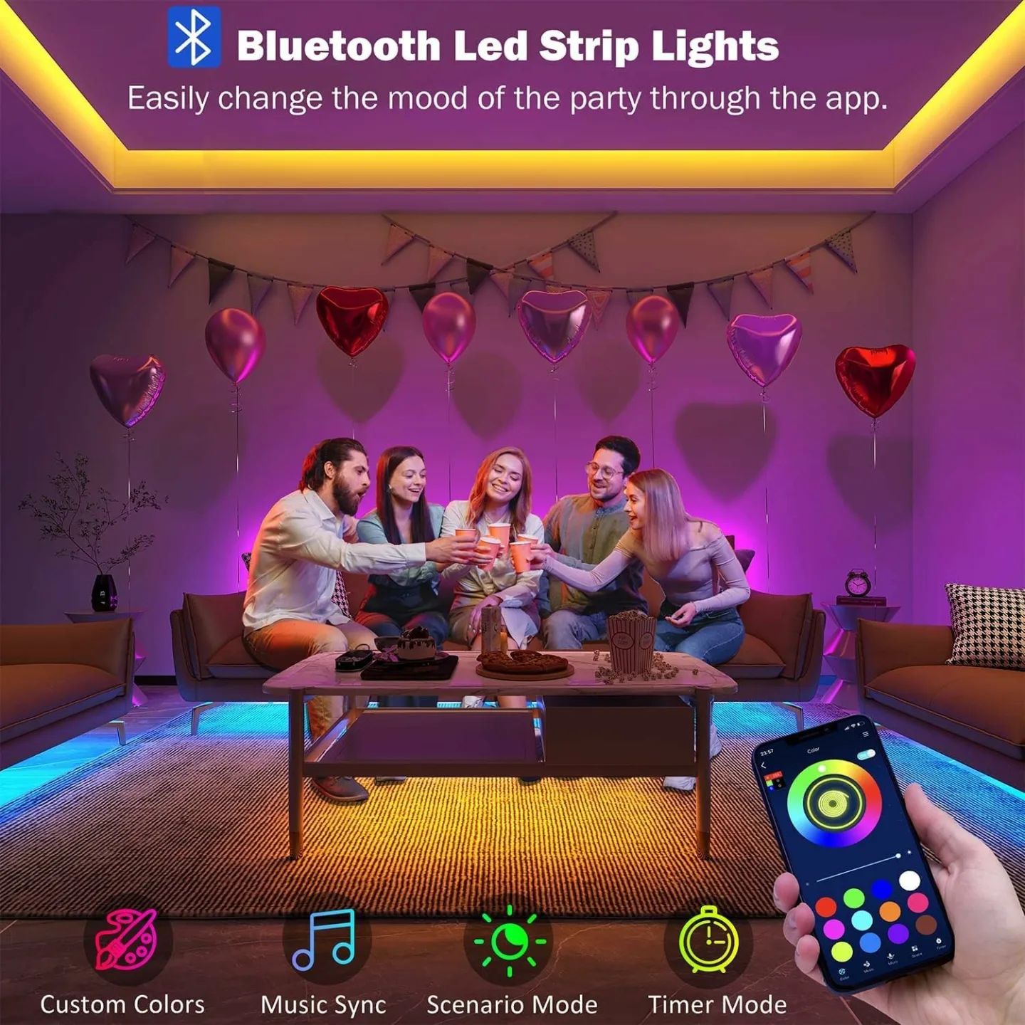 32.8ft Smart Bluetooth RGB LED Strip Lights