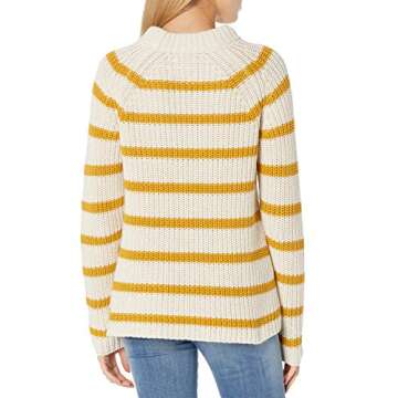 Goodthreads Women's Relaxed-Fit Cotton Shaker Stitch Mock Neck Sweater, Gold Oatmeal Stripe, Small