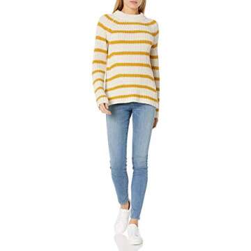 Goodthreads Women's Relaxed-Fit Cotton Shaker Stitch Mock Neck Sweater, Gold Oatmeal Stripe, Small