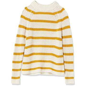 Goodthreads Women's Relaxed-Fit Cotton Shaker Stitch Mock Neck Sweater, Gold Oatmeal Stripe, Small