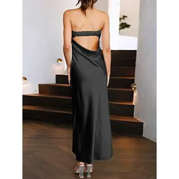 ANRABESS Women Summer Wedding Guest Maxi Dress Strapless Satin Tube Bodycon Backless Cocktail Formal Dresses 2025 Spring Black