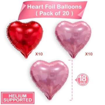 Pink Red Heart Balloons, 20 Pcs 18 Inch Heart Shaped Foil Balloons Galentines Balloons for Girls Bir...