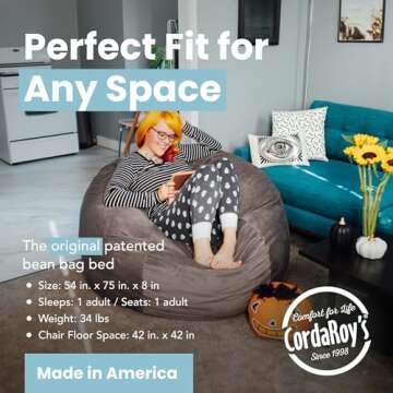 CordaRoy's Chenille Bean Bag Chair, Convertible Chair Folds from Bean Bag to Lounger, As Seen on Shark Tank, Charcoal - Full Size