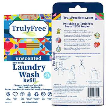 Truly Free Laundry Wash Refill, Unscented 1 Pack, 50 Loads each - Sensitive Skin Natural Detergent, ...