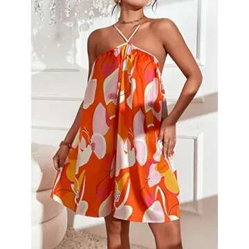 COZYEASE Women's Floral Print Halter Sexy Backless Cami Dress Boho Vacation Dresses Orange M-CEGHY20240306