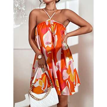 COZYEASE Women's Floral Print Halter Sexy Backless Cami Dress Boho Vacation Dresses Orange M-CEGHY20240306