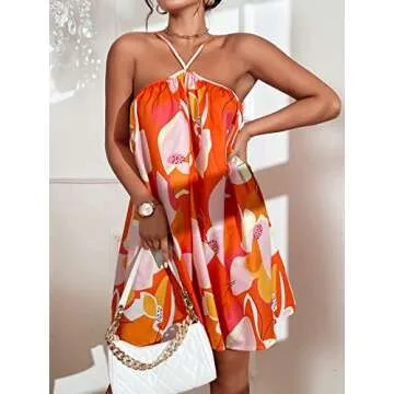 COZYEASE Women's Floral Print Halter Sexy Backless Cami Dress Boho Vacation Dresses Orange M-CEGHY20240306