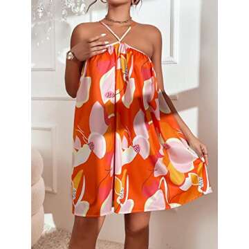 COZYEASE Women's Floral Print Halter Sexy Backless Cami Dress Boho Vacation Dresses Orange M-CEGHY20240306